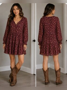 Anthro Dress Forum Burgundy Floral Tiered V-Neck BOHO Dress large‎